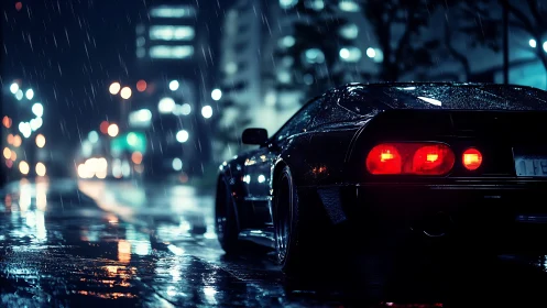 Sports car on wet city street at night under rainfall.