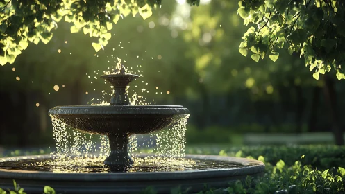 Stone garden fountain under soft golden evening light.