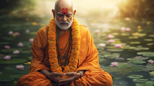 Digital painting of meditative guru amid lotus pond light bloom.