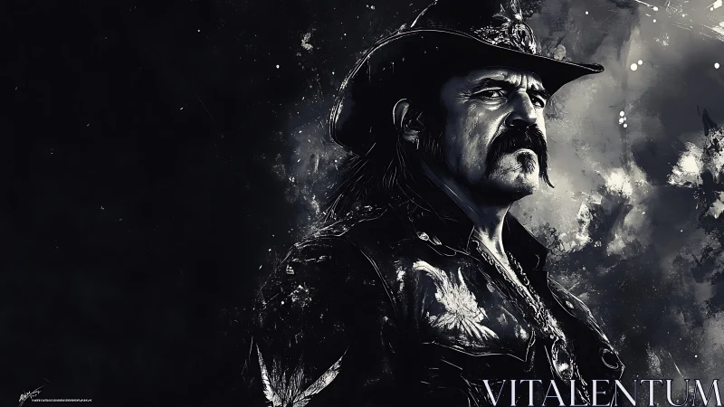 Monochrome digital portrait of stern cowboy rocker in profile