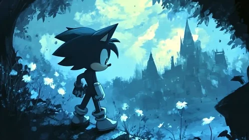 Blue hedgehog silhouette overlooking distant gothic castle at dusk