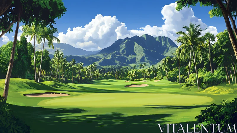 Lush tropical golf fairway with distant mountain backdrop digital.