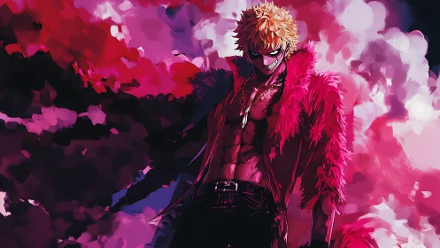 Stylized male figure in pink coat against abstract clouds.