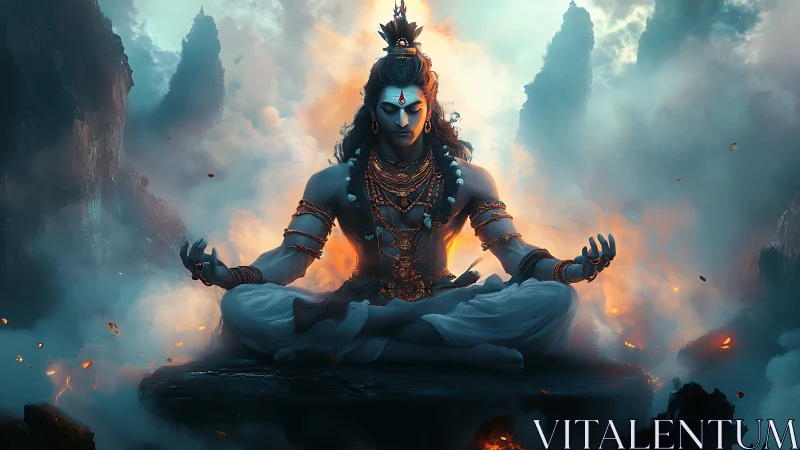 Meditative figure on floating rock amid clouds and embers.