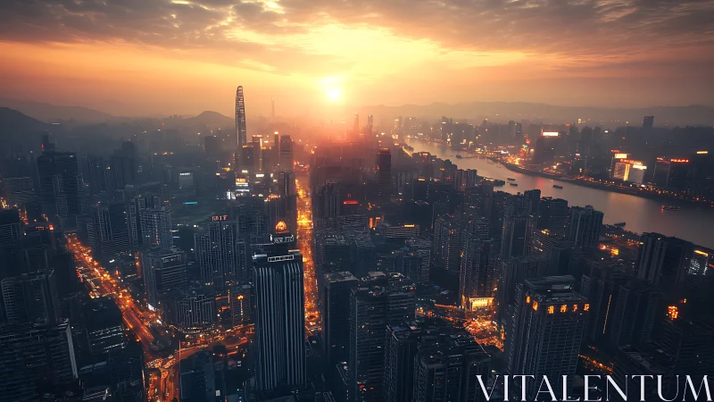 Urban skyline at dusk with glowing river corridor.