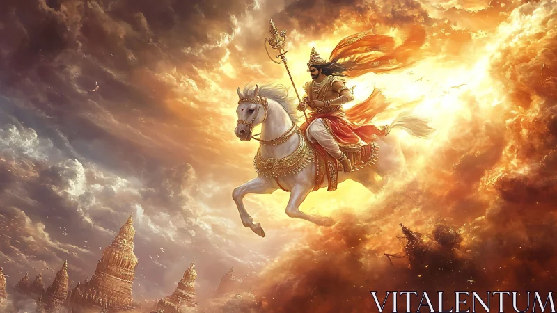 Solar storm rider crowns the sky on a divine white steed.