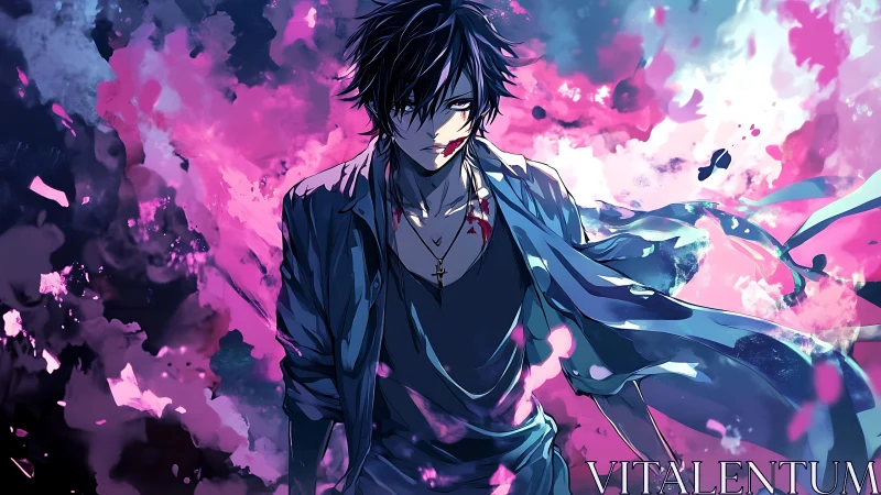 Defiant anime antihero strides through neon storm of chaos