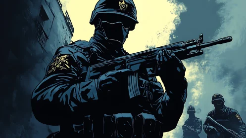 Shadowed tactical team advances under a storm-bright sky