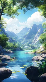 Mountain river valley with crystal water and cottages.