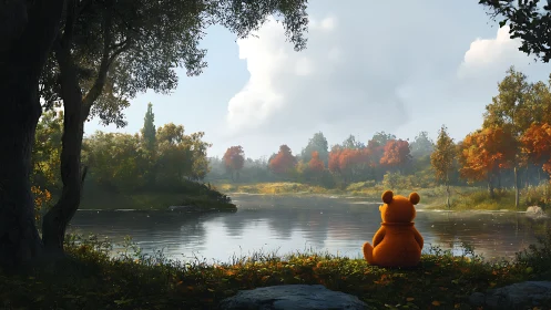 Orange bear toy seated by calm autumn lakeside view.
