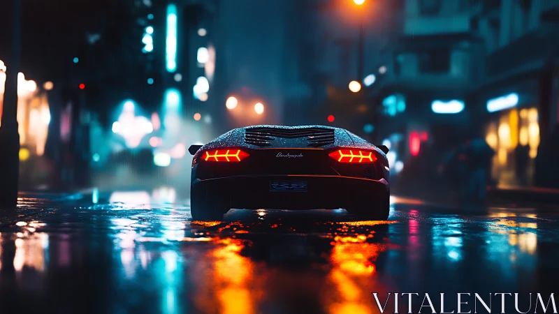 Sports car rear view on wet neon lit city street at night.