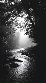 Soft morning light gently pours through a tranquil forest stream