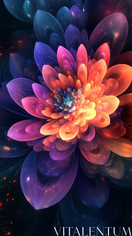 Radial fractal bloom renders layered translucent petals in orbit