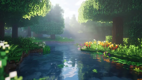 Voxel forest river glows with soft volumetric sunlight.