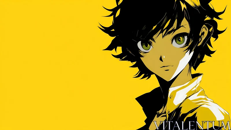 Sharp-eyed anime boy stands against flat yellow backdrop
