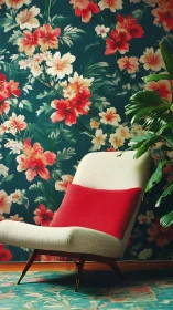 Lounge chair drifts like a calm island in floral thunder