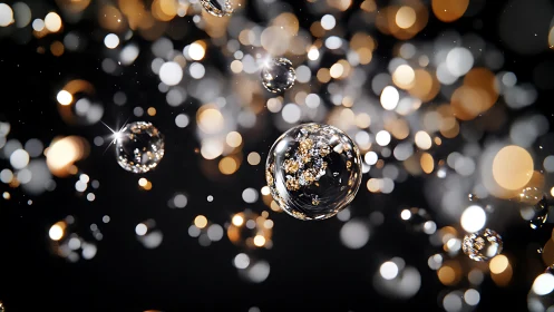 3D glass spheres with golden bokeh on black background.