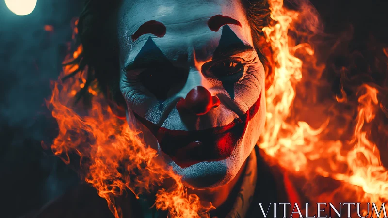 Firelit jester smiling through chaos and cinematic smoke.