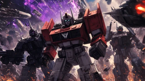 Battle-ready giant robots stride through a cosmic storm.