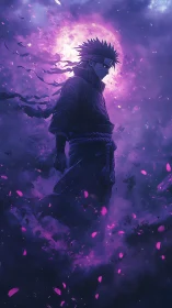 Masked anime warrior stands in glowing purple energy storm