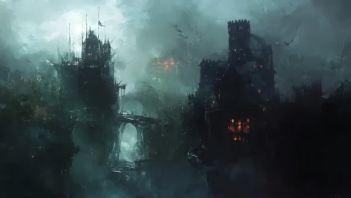 Misty gothic fortress glows with warm lights in deep fog