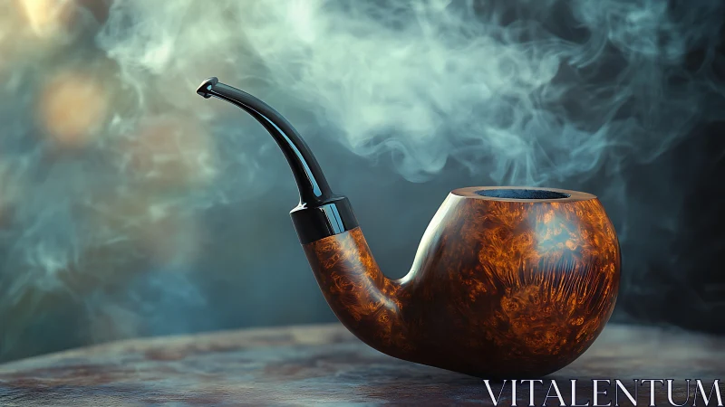 Curved briar tobacco pipe with swirling smoke plume.