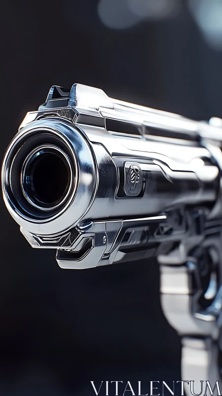 Chromed sci fi handgun barrel in extreme close focus.