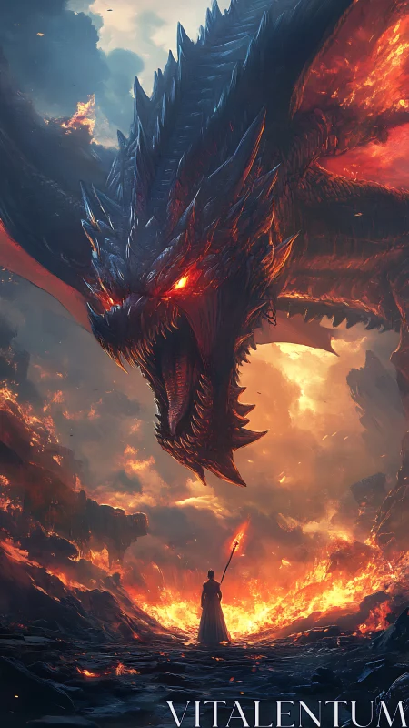 Lone mage confronts colossal fire dragon amid seething lava