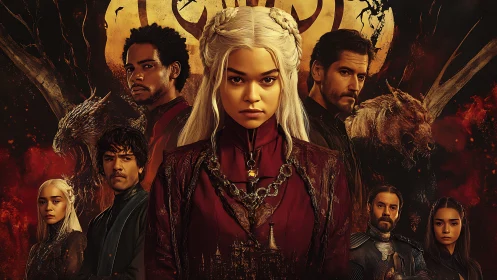 Fantasy queen leads tense ensemble before blazing sigil.