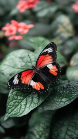 Butterfly with red banded wings rests on textured foliage