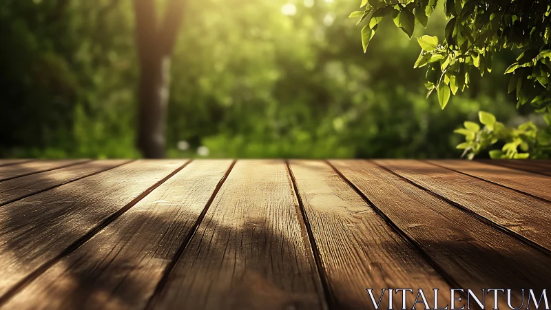 Sunlit wooden deck surface before blurred green foliage.