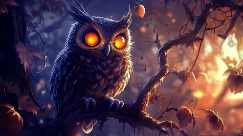 Owl with glowing eyes on twisted branch in dusk forest.