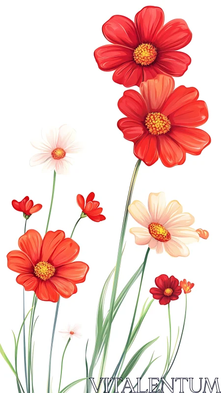 Red and Cream Daisies with Green Stems.