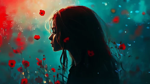 Silhouette girl profile contrasts neon teal and crimson field