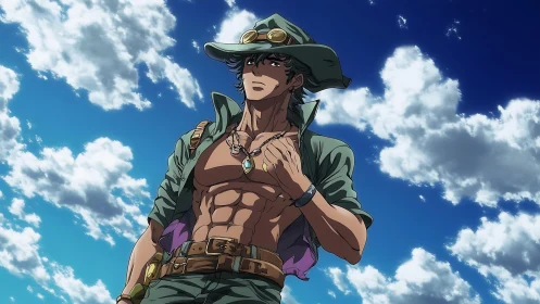 Sky-striding desert wanderer basking in heroic sunlight.