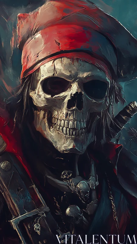 Grim skeletal pirate captain in red bandana portrait.