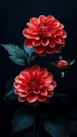 Red dahlias with green foliage against dark background