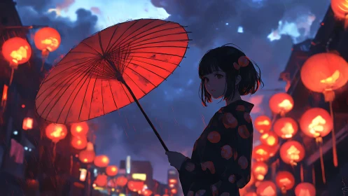 Girl under red paper umbrella walks through lantern-lit night street