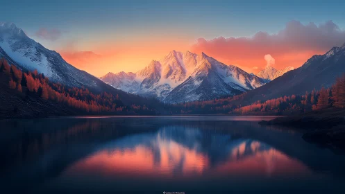 Sunlit alpine peaks glow above a still reflective lake at dusk