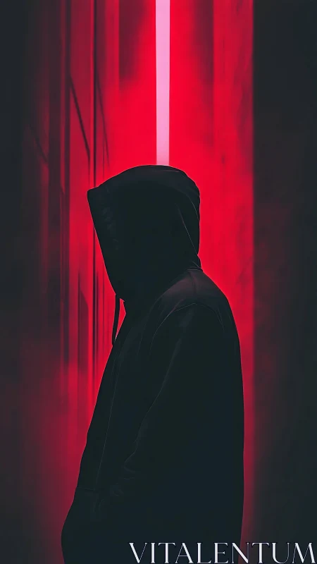 Silhouetted hooded figure in neon red corridor glow.