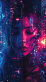 Cyborg woman merges with neon cyberpunk city at night