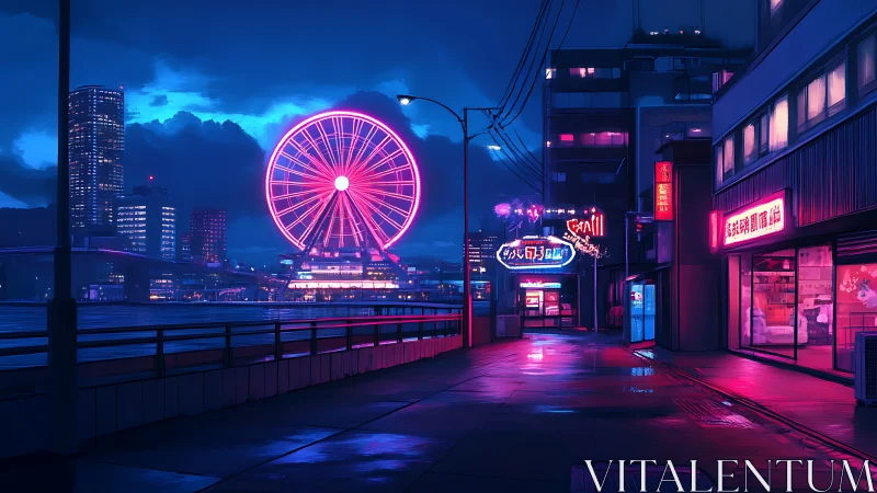Neon ferris wheel glows over rainy cyberpunk harbor night.