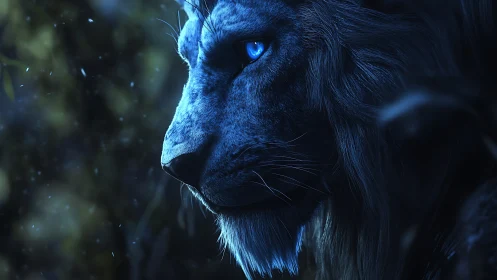 Midnight blue lion gazes through glowing forest shadows