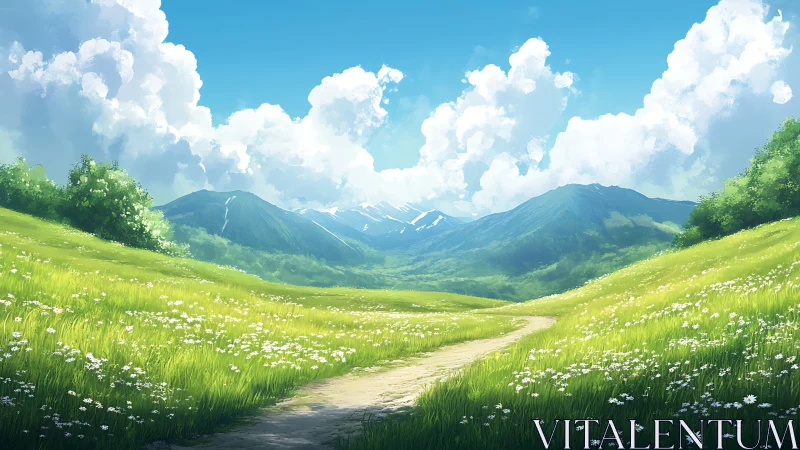 Sunlit mountain meadow path under towering summer clouds.