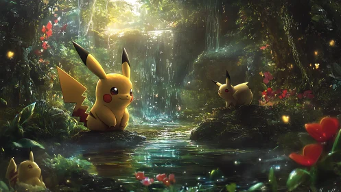 Electrostatic creature trio in volumetric forest waterfall scene.