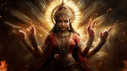 Divine multi-armed goddess in radiant golden fire halo.