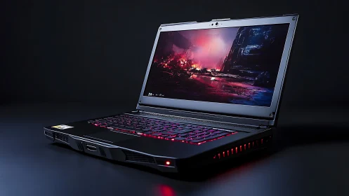 Photorealistic gaming laptop with RGB backlight on dark set.