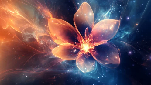 Glowing cosmic flower unfolding softly in a dreamy night sky.