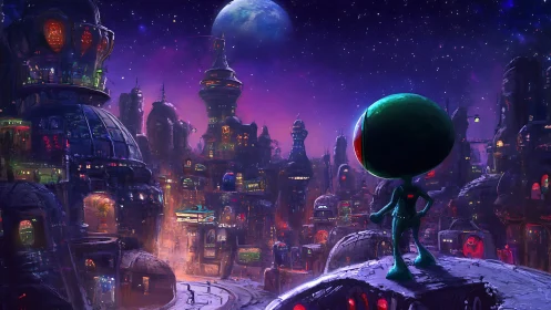 Alien explorer surveys a neon-lit galactic cityscape at night.