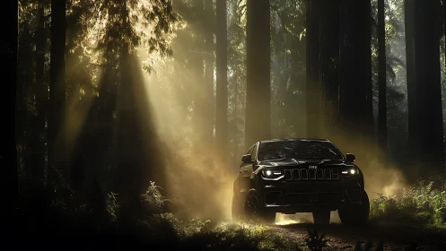 Jeep SUV drives through dense forest in angled sunlight.